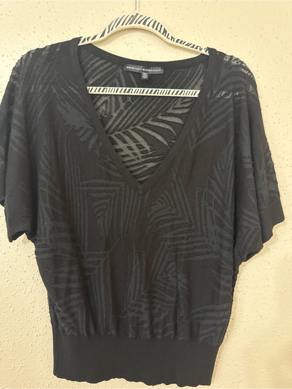 White House Black Market Black V-Neck Short Sleeve Textured Top